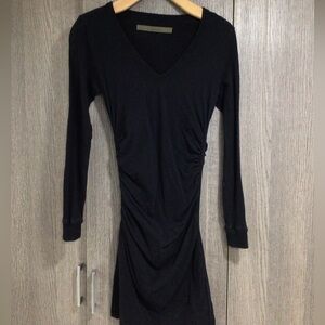 Enza Costa Black V-Neck Ruched Long Sleeve Midi Dress